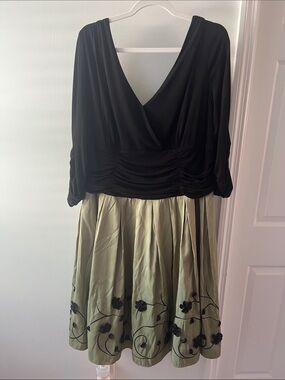S.L. Fashions Black Top with Olive Green Floral Midi Dress